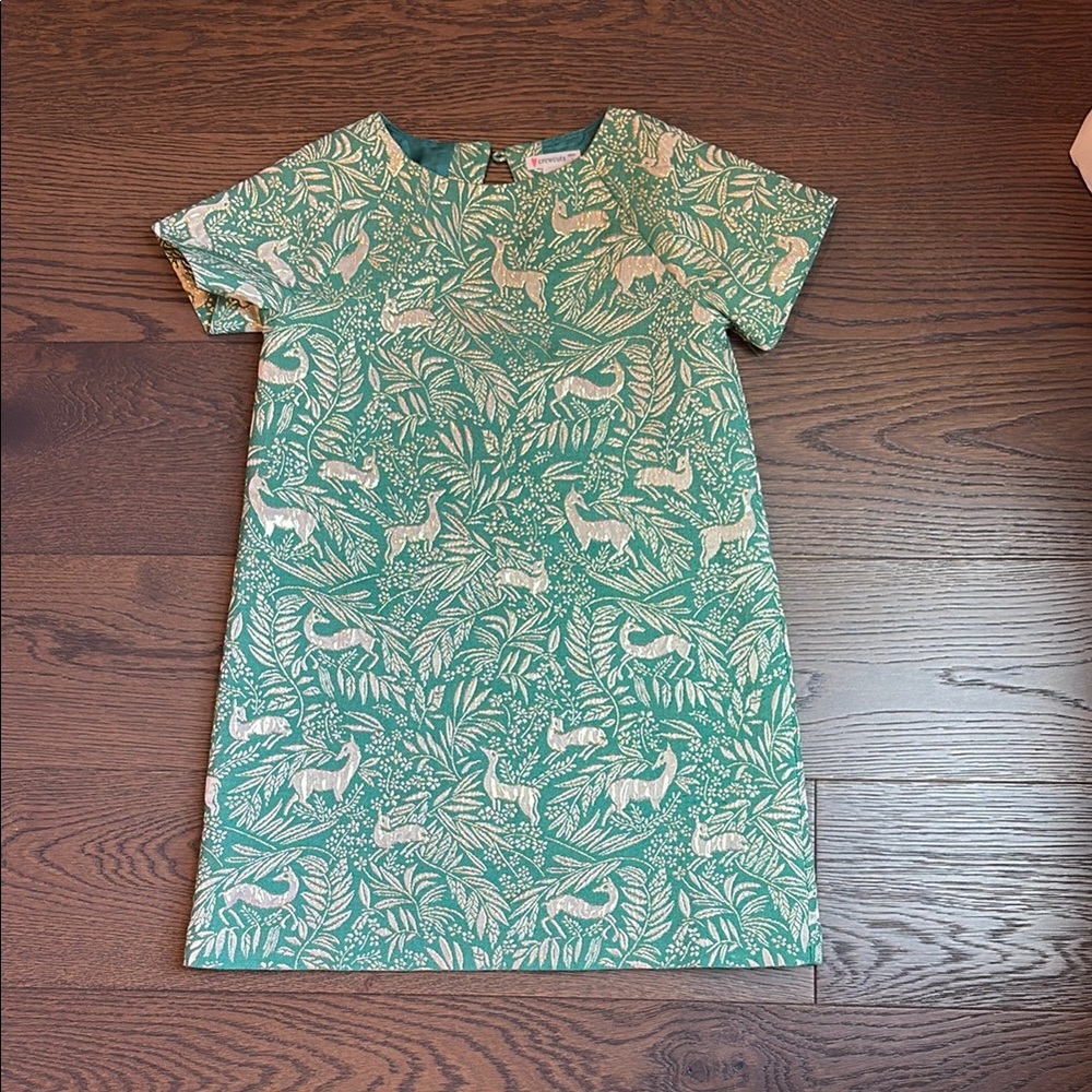 JCrew Crewcuts Kids Green and Gold Animal Print Dress- Lined Size 7